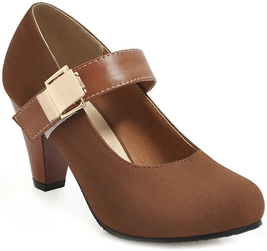 Women's Vintage Round Toe Mary Jane Pumps Buckle Platform Chunky High Heel Brogue Oxford Dress Shoes
