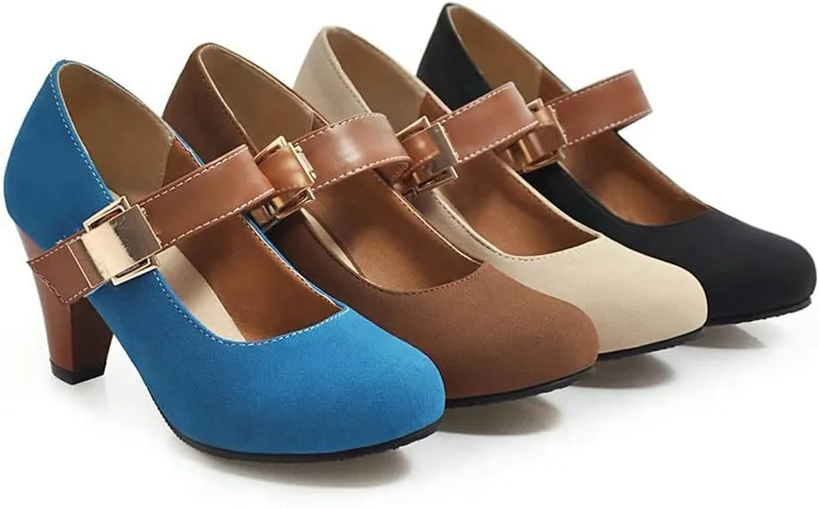 Women's Vintage Round Toe Mary Jane Pumps Buckle Platform Chunky High Heel Brogue Oxford Dress Shoes
