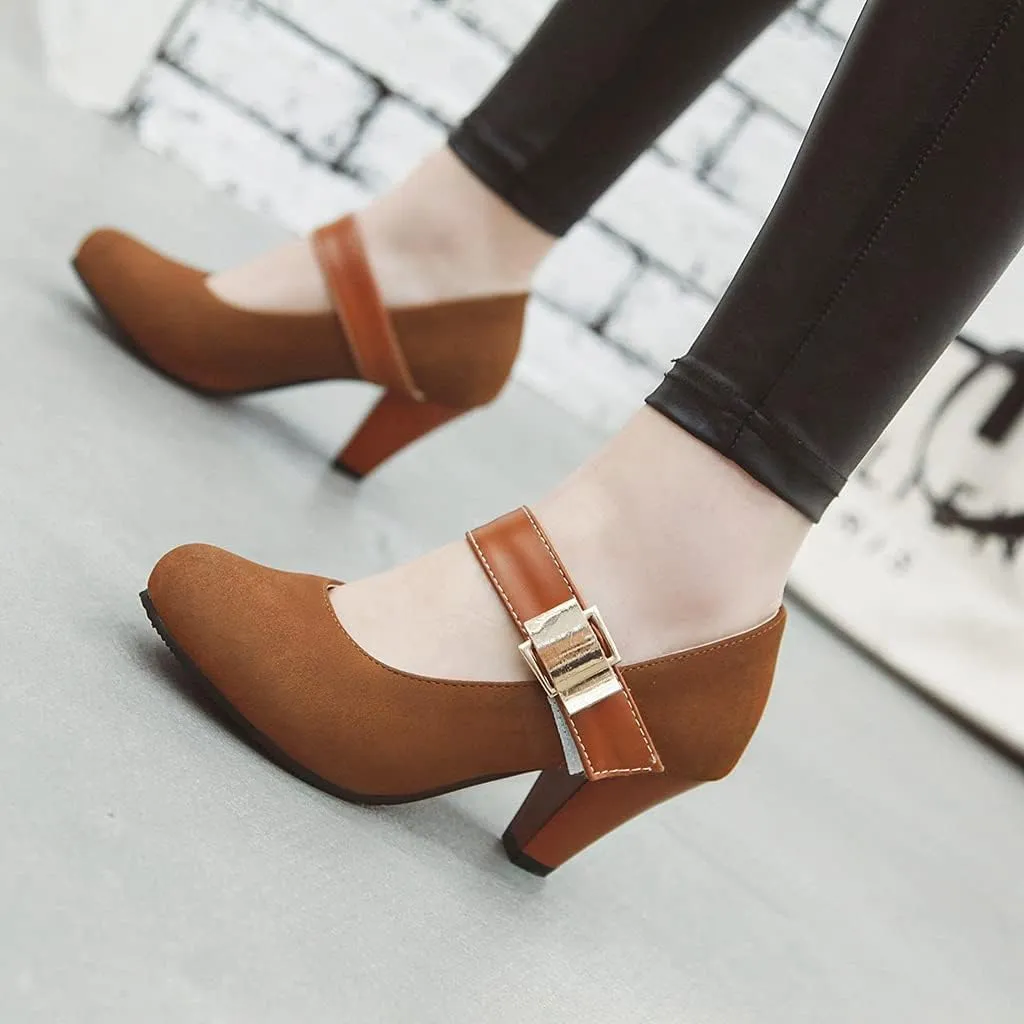 Women's Vintage Round Toe Mary Jane Pumps Buckle Platform Chunky High Heel Brogue Oxford Dress Shoes