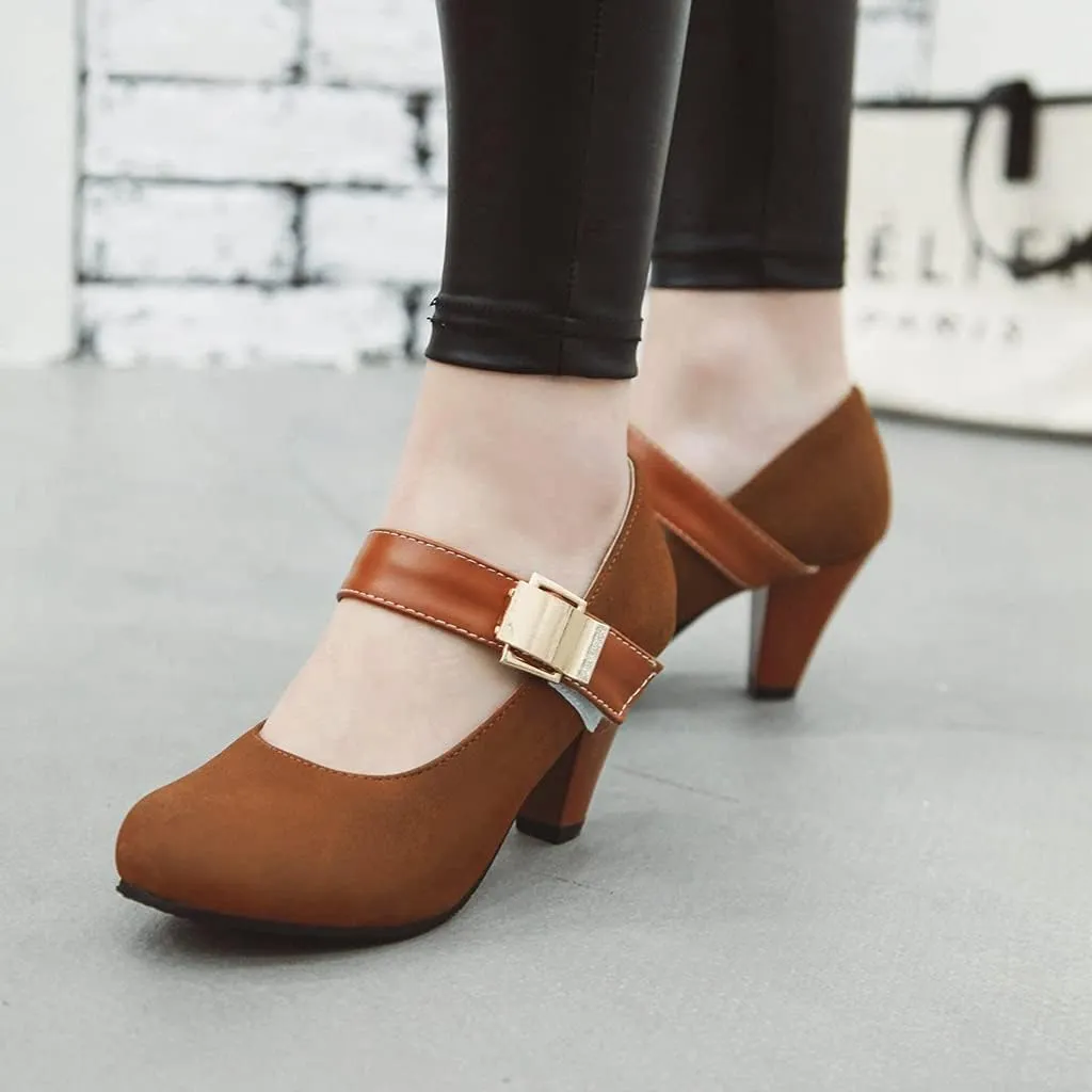 Women's Vintage Round Toe Mary Jane Pumps Buckle Platform Chunky High Heel Brogue Oxford Dress Shoes