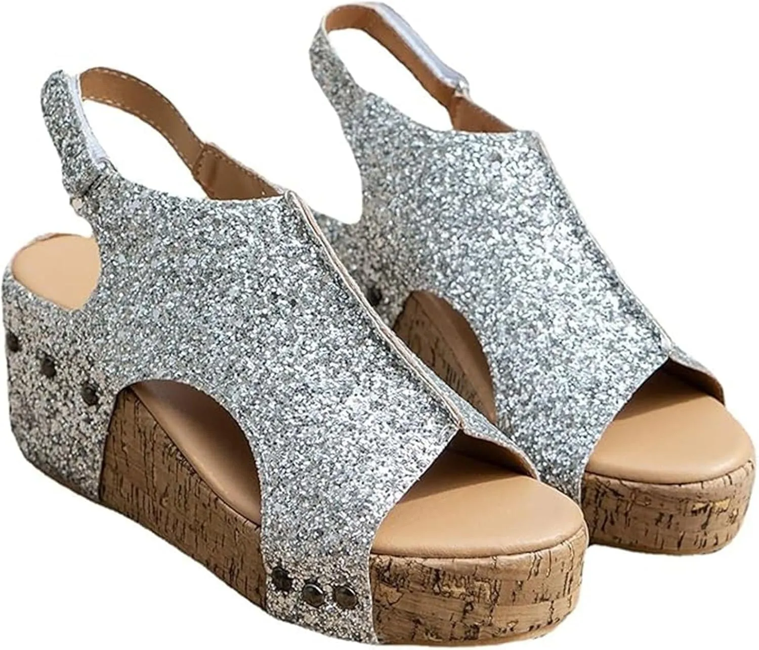 Womens Wedge Sandals, Platform Wedge Heels Sparkly Sandals with Ankle Strap Open Toe Cork Wedges Comfortable Casual Dressy Summer Shoes (7)