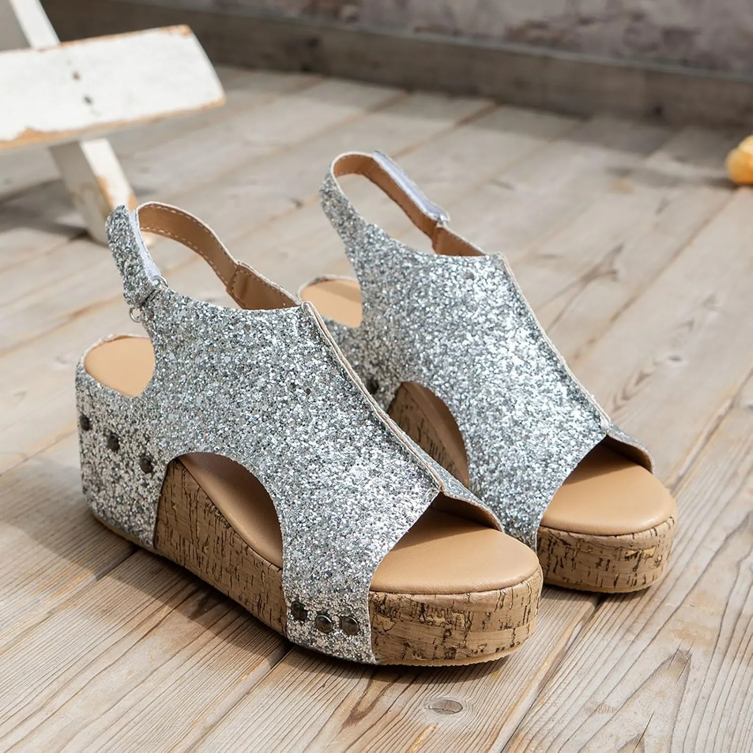 Womens Wedge Sandals, Platform Wedge Heels Sparkly Sandals with Ankle Strap Open Toe Cork Wedges Comfortable Casual Dressy Summer Shoes (7)