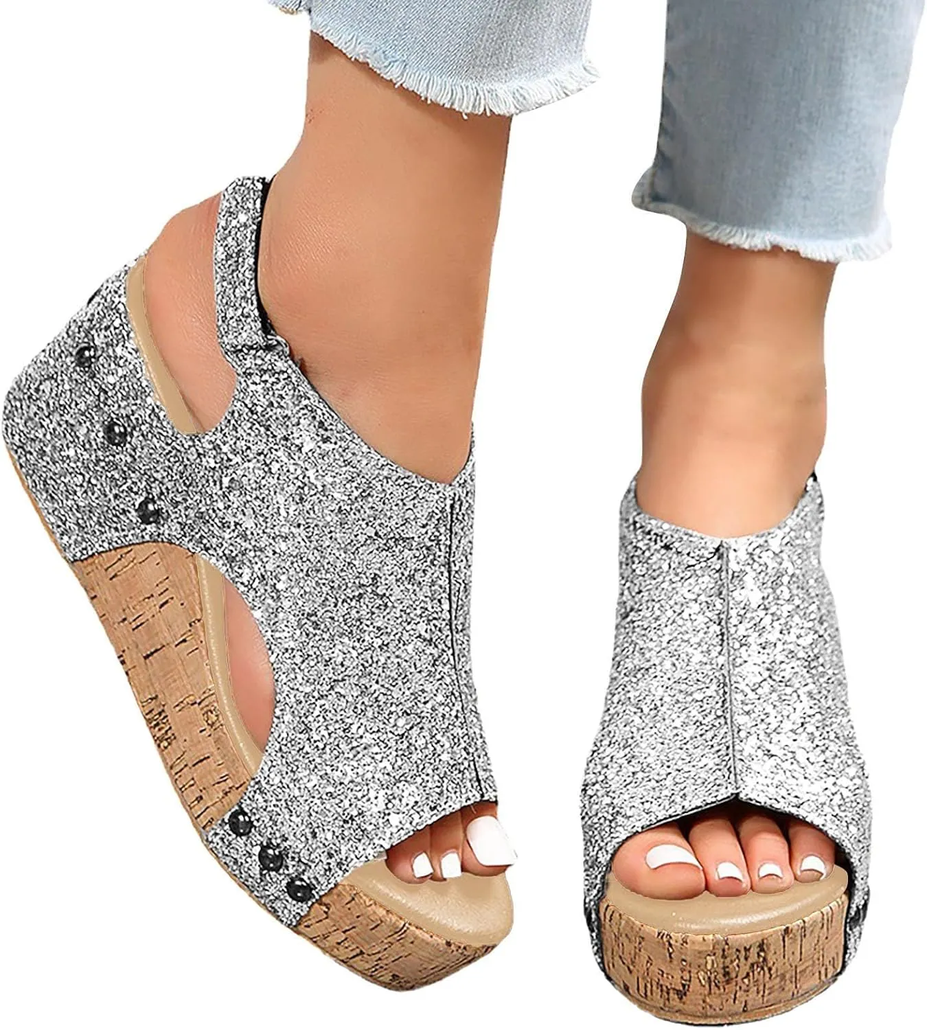 Womens Wedge Sandals, Platform Wedge Heels Sparkly Sandals with Ankle Strap Open Toe Cork Wedges Comfortable Casual Dressy Summer Shoes (7)