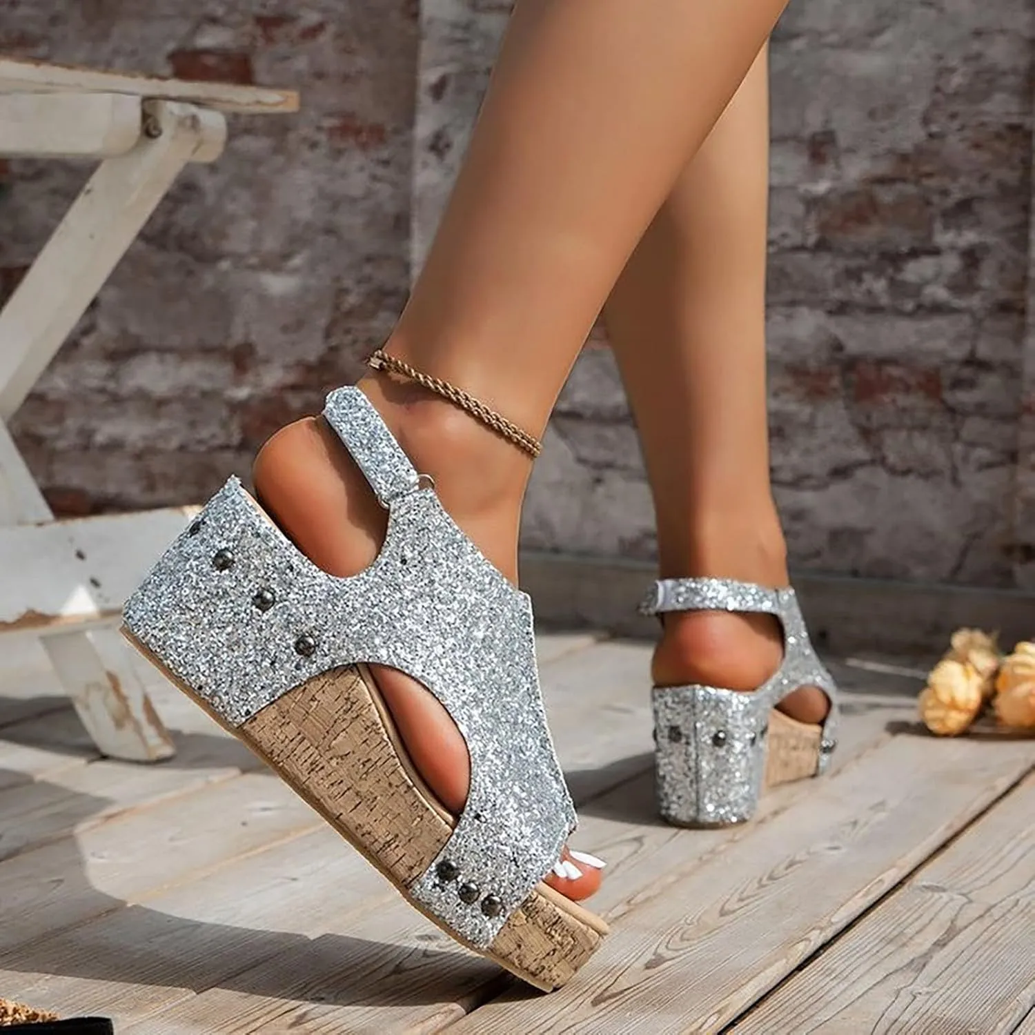 Womens Wedge Sandals, Platform Wedge Heels Sparkly Sandals with Ankle Strap Open Toe Cork Wedges Comfortable Casual Dressy Summer Shoes (7)