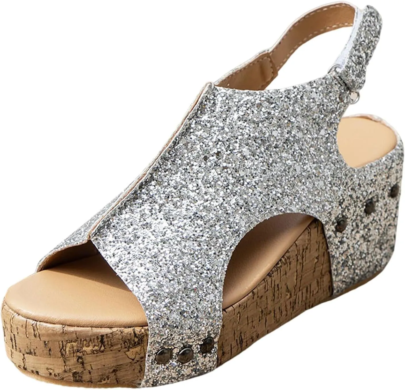 Womens Wedge Sandals, Platform Wedge Heels Sparkly Sandals with Ankle Strap Open Toe Cork Wedges Comfortable Casual Dressy Summer Shoes (7)