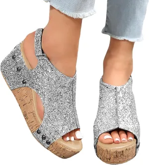 Womens Wedge Sandals, Platform Wedge Heels Sparkly Sandals with Ankle Strap Open Toe Cork Wedges Comfortable Casual Dressy Summer Shoes (7)