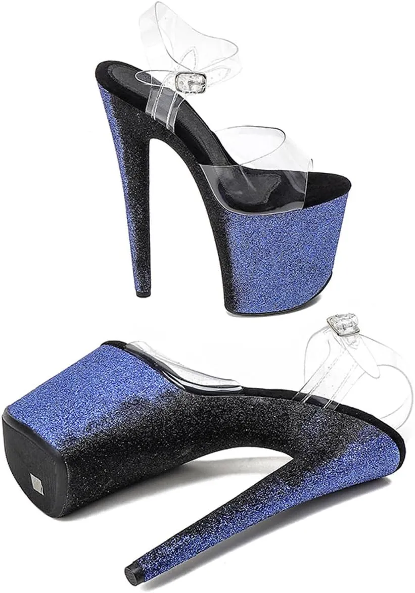 WUXIN H&P Women's Clear Exotic Pole Dance Ankle-Strap Sandal 8 Inch Glitter Splice Round Toe Platform Fashion Model Sexy Stiletto Custom Dress shoes High Heel