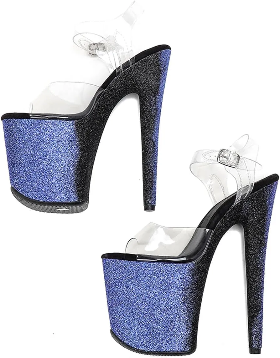 WUXIN H&P Women's Clear Exotic Pole Dance Ankle-Strap Sandal 8 Inch Glitter Splice Round Toe Platform Fashion Model Sexy Stiletto Custom Dress shoes High Heel