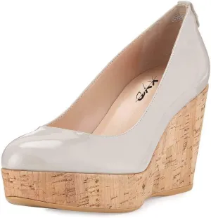 XYD Women Comfort Round Toe Wood Platform Pumps Slip On Patent Wedge Cork High Heel Casual Dress Shoes