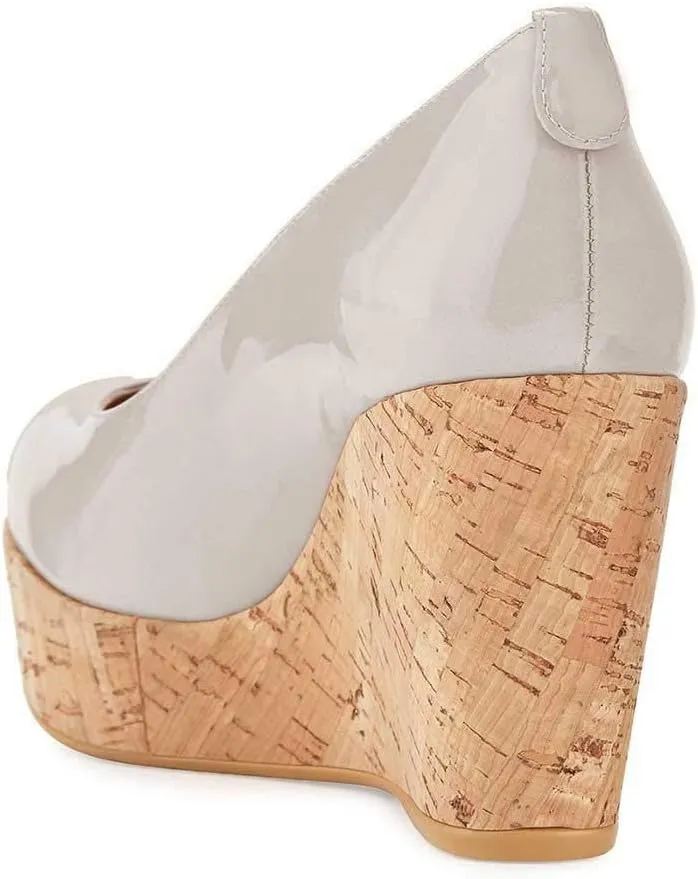 XYD Women Comfort Round Toe Wood Platform Pumps Slip On Patent Wedge Cork High Heel Casual Dress Shoes