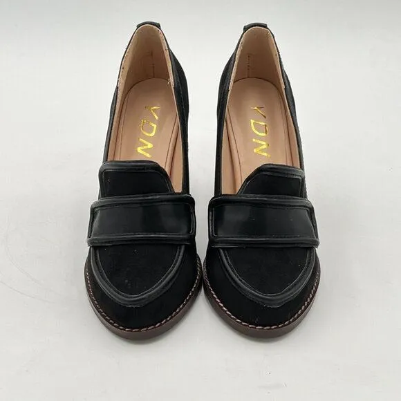 YDN Black Suede Chunky High Heels Round Toe Oxford Loafer Shoe