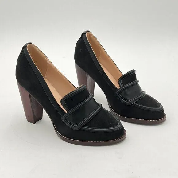 YDN Black Suede Chunky High Heels Round Toe Oxford Loafer Shoe
