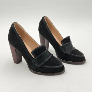 YDN Black Suede Chunky High Heels Round Toe Oxford Loafer Shoe