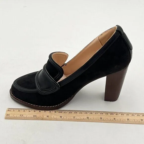 YDN Black Suede Chunky High Heels Round Toe Oxford Loafer Shoe
