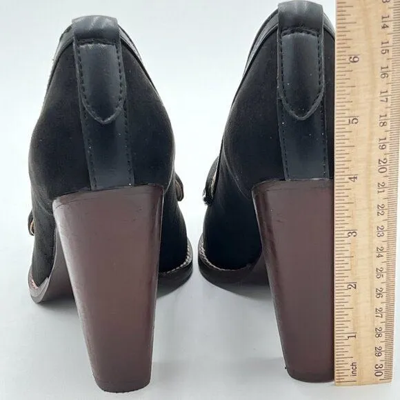 YDN Black Suede Chunky High Heels Round Toe Oxford Loafer Shoe