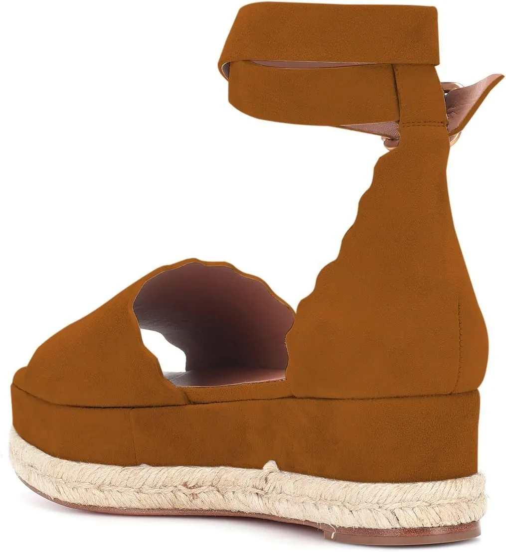 YDN Women Open Toe Platform Espadrille Sandals Ankle Strap Wedge Heel Pumps Wavy Edge Summer Shoes