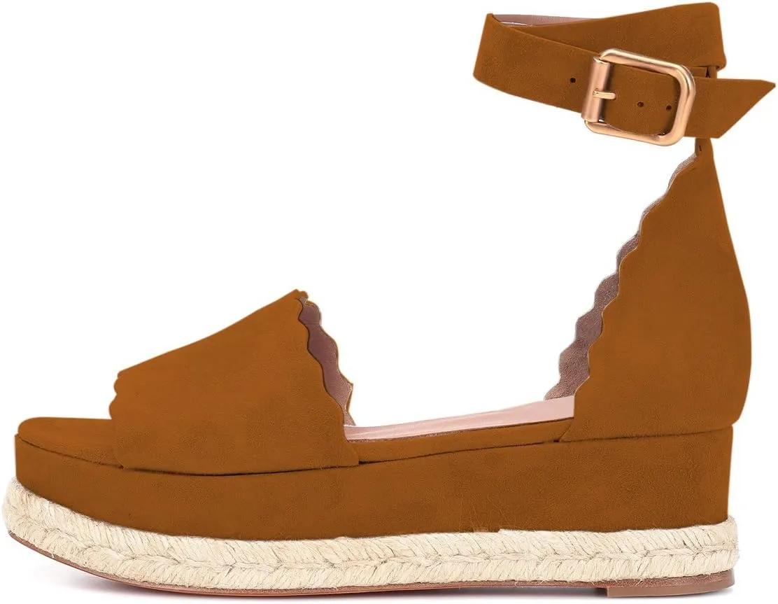 YDN Women Open Toe Platform Espadrille Sandals Ankle Strap Wedge Heel Pumps Wavy Edge Summer Shoes