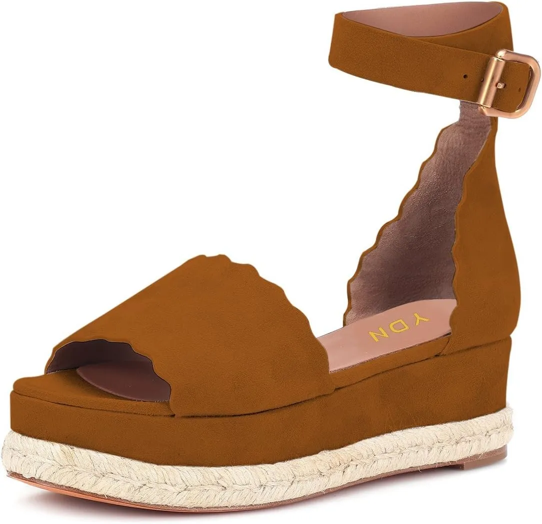 YDN Women Open Toe Platform Espadrille Sandals Ankle Strap Wedge Heel Pumps Wavy Edge Summer Shoes