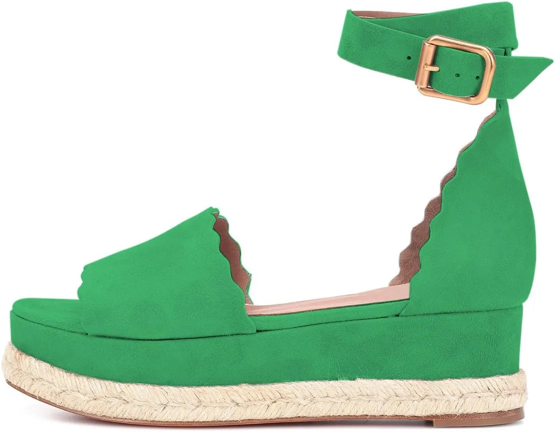 YDN Women Open Toe Platform Espadrille Sandals Ankle Strap Wedge Heel Pumps Wavy Edge Summer Shoes