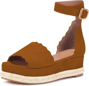 YDN Women Open Toe Platform Espadrille Sandals Ankle Strap Wedge Heel Pumps Wavy Edge Summer Shoes