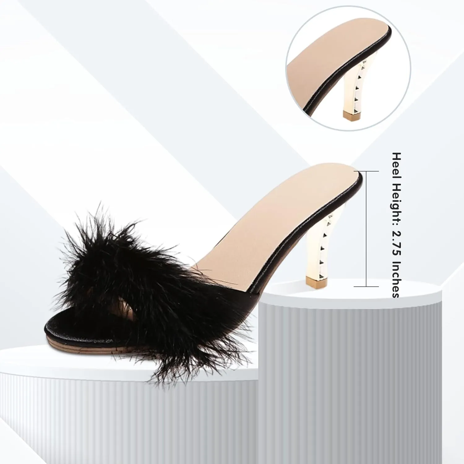 YIBLBOX Women's Round Toe Sandal Fluffy Feather Sexy Slippers Kitten Heeled Slippers