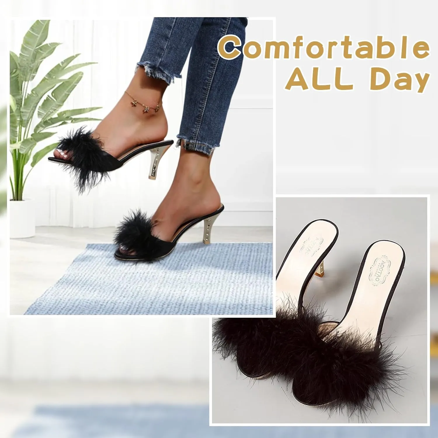 YIBLBOX Women's Round Toe Sandal Fluffy Feather Sexy Slippers Kitten Heeled Slippers
