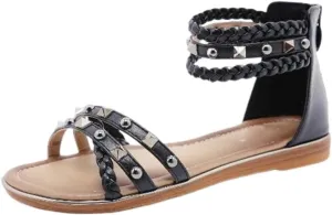 Youllyuu Women Ethnic Style Sandals Female Rivet Woven Flats Retro Roman Sandals