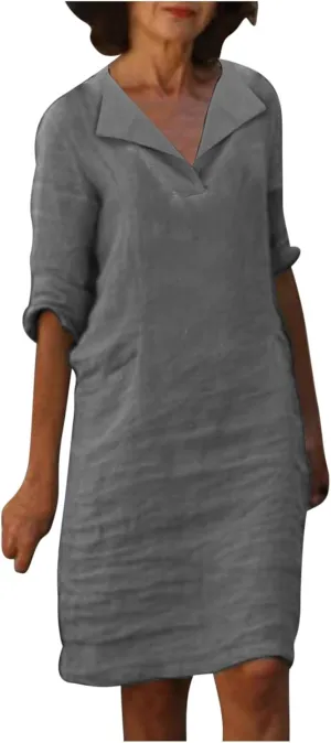 ZDRZK Casual Dresses for Women Lapel V Neck Solid Linen Cotton Summer Dresses Short Sleeve Loose Fit Pullover Dress