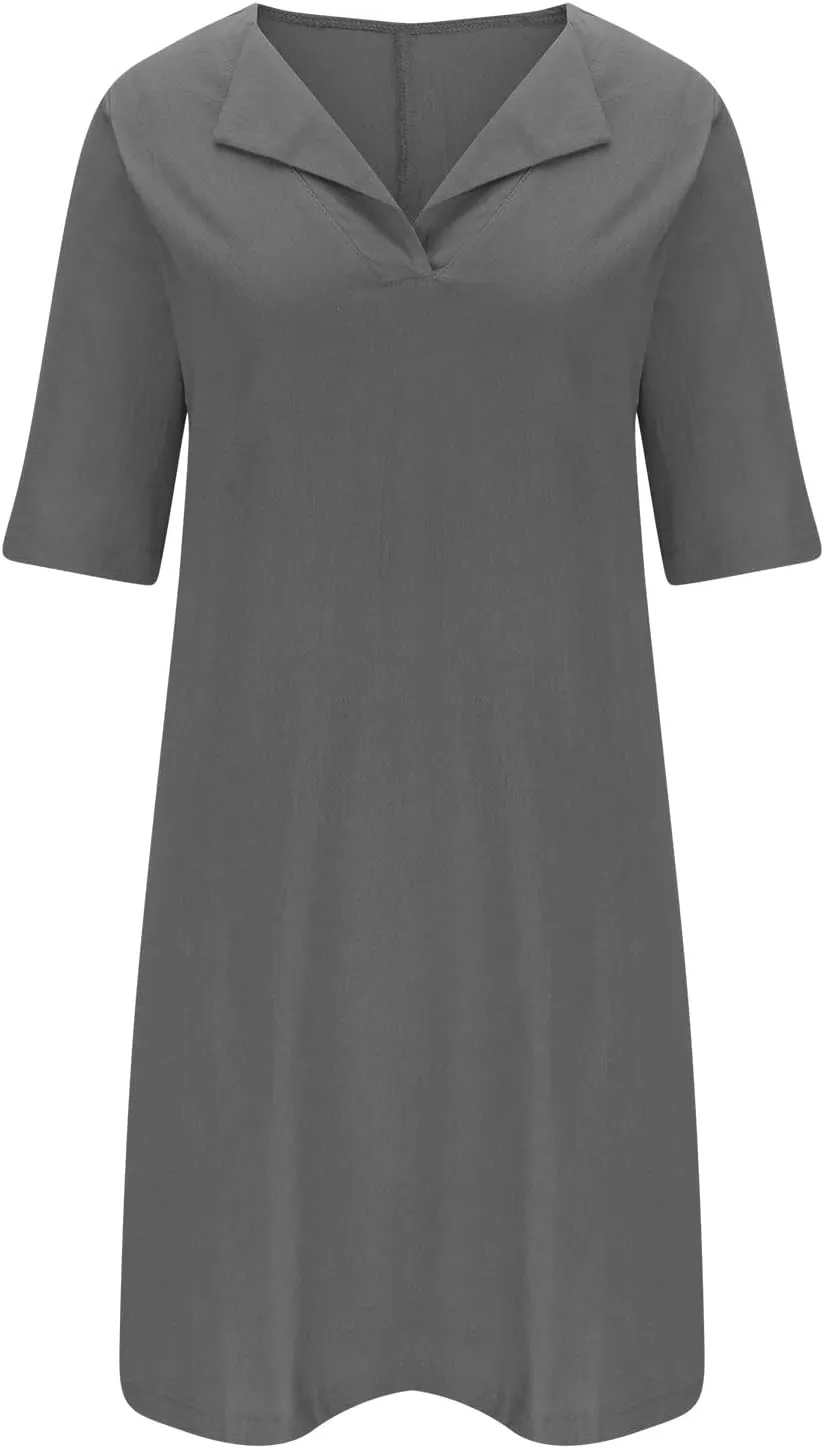 ZDRZK Casual Dresses for Women Lapel V Neck Solid Linen Cotton Summer Dresses Short Sleeve Loose Fit Pullover Dress
