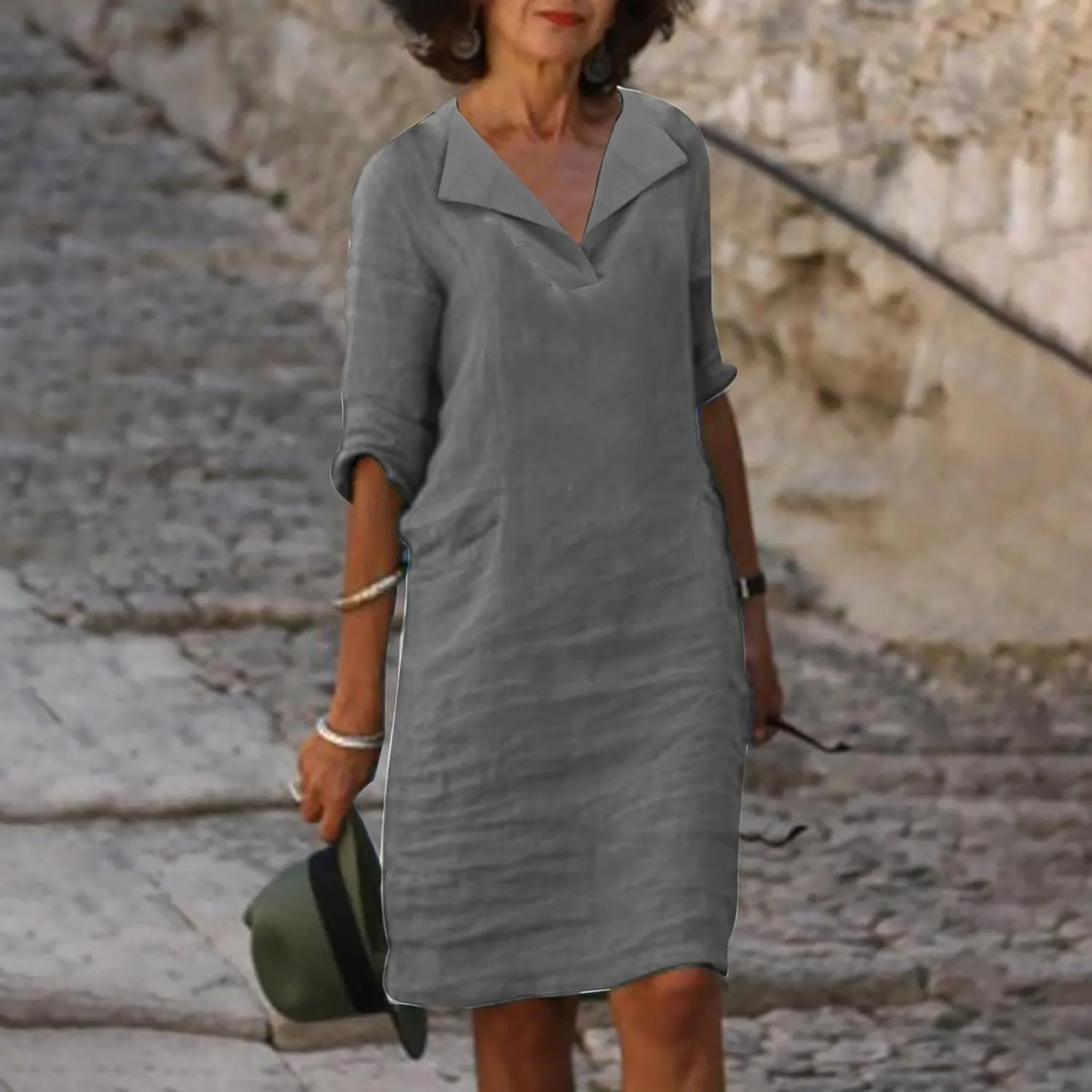 ZDRZK Casual Dresses for Women Lapel V Neck Solid Linen Cotton Summer Dresses Short Sleeve Loose Fit Pullover Dress