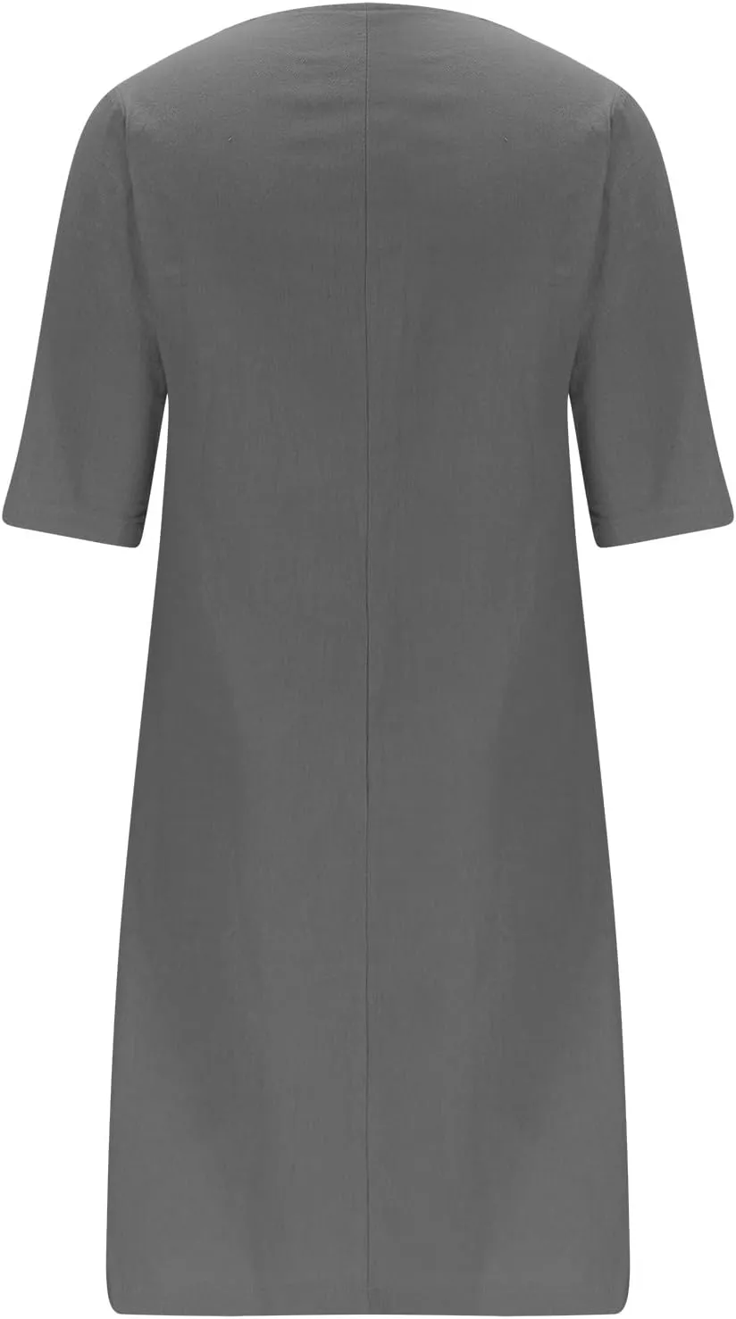 ZDRZK Casual Dresses for Women Lapel V Neck Solid Linen Cotton Summer Dresses Short Sleeve Loose Fit Pullover Dress