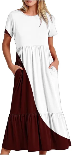 ZDRZK Casual Dresses for Women Tiered Flowy Swing Summer Beach Maxi Dresses Color Block Beach Long Dress with Pockets