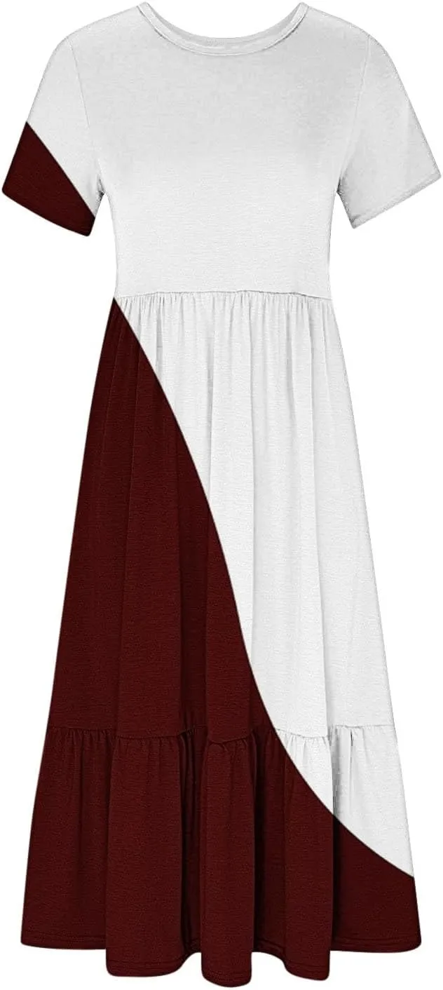 ZDRZK Casual Dresses for Women Tiered Flowy Swing Summer Beach Maxi Dresses Color Block Beach Long Dress with Pockets