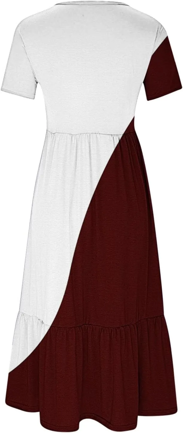 ZDRZK Casual Dresses for Women Tiered Flowy Swing Summer Beach Maxi Dresses Color Block Beach Long Dress with Pockets