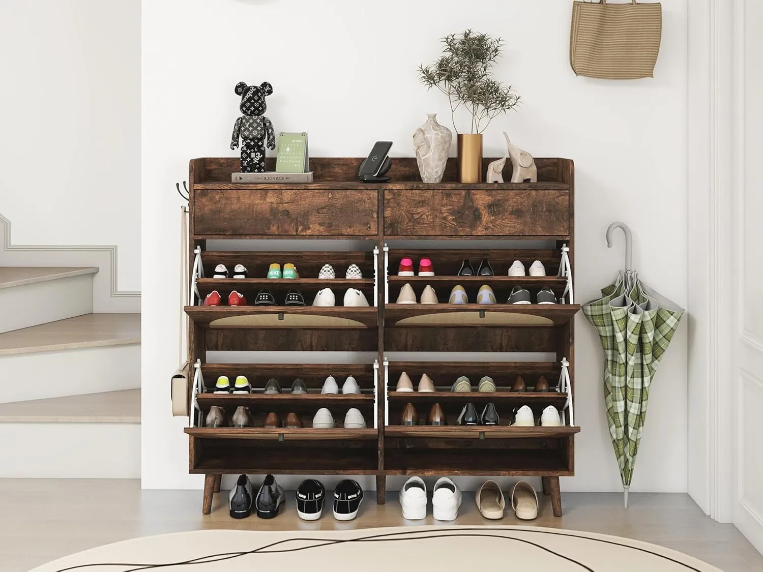 ZeHuoGe Large Rattan Shoe Cabinet with 4 Flip Drawers, Freestanding Shoe Cabinet with 2 Top Drawers & DIY Hooks, Hallway, Entryway Floor Cabinet (Brown)