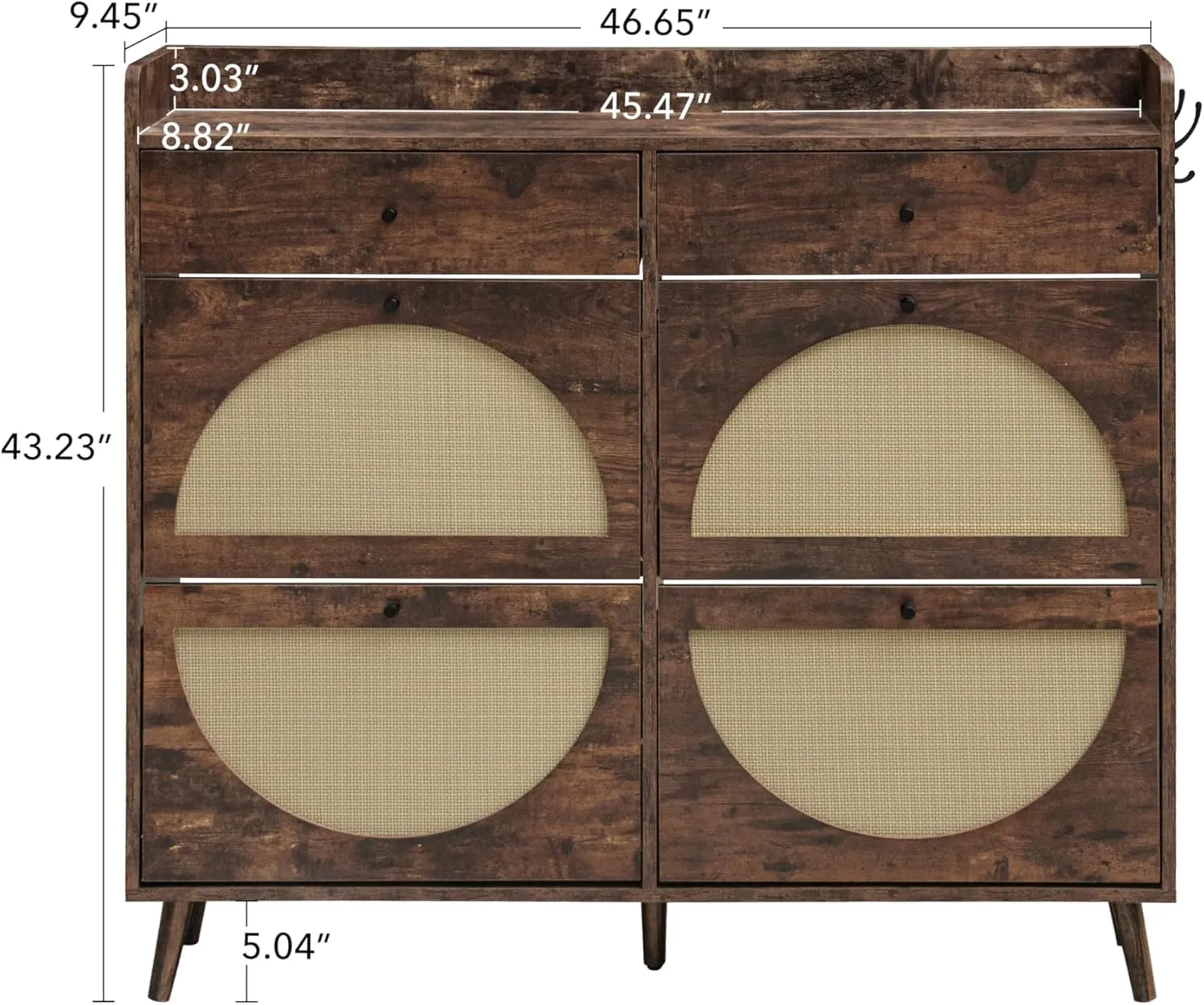 ZeHuoGe Large Rattan Shoe Cabinet with 4 Flip Drawers, Freestanding Shoe Cabinet with 2 Top Drawers & DIY Hooks, Hallway, Entryway Floor Cabinet (Brown)