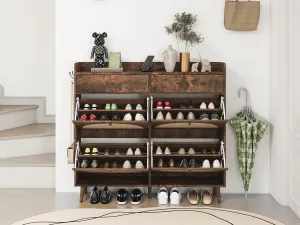 ZeHuoGe Large Rattan Shoe Cabinet with 4 Flip Drawers, Freestanding Shoe Cabinet with 2 Top Drawers & DIY Hooks, Hallway, Entryway Floor Cabinet (Brown)